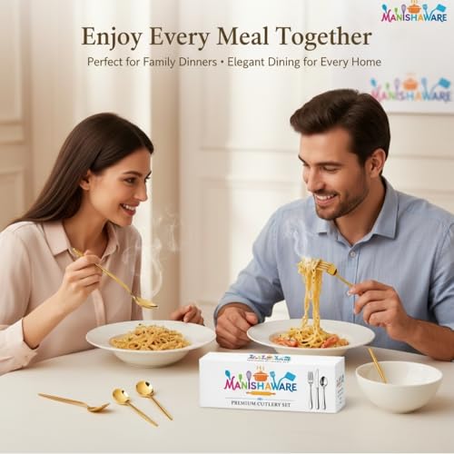 Image of Classic Gold 4 Pcs Stainless Steel Cutlery Set for Dining Table, Dishwasher Safe Glossy Flatware (Perfect Spoon Fork Set)