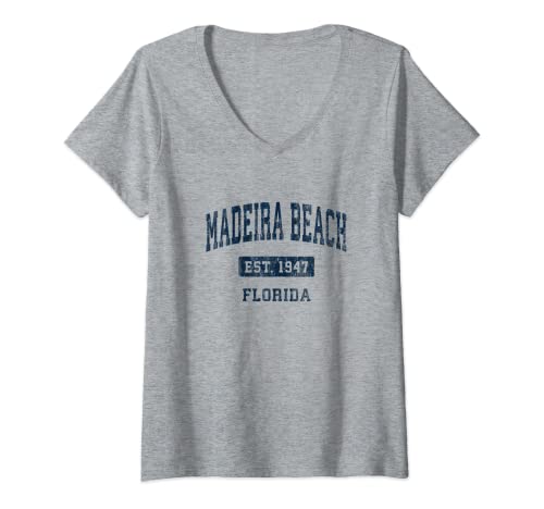 Mujer Madeira Beach Florida FL Vintage Sports Establecido Navy Des Camiseta Cuello V