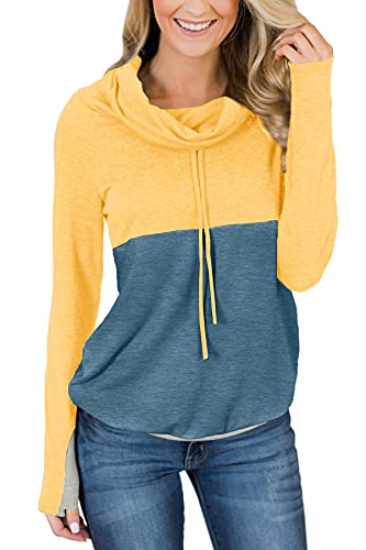 For G And Pl Womens Fashion Color Block Comfy Tunic Sweatshirt Cowl Neck Drawstring Ladies Thumb Holes Hoodie Pullovers Yellow S #TOP29