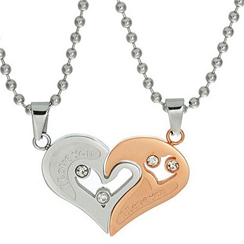 Uloveido 2 pcs Couple Collier en Acier Inoxydable Pendentif Coeur CZ Puzzle Assortiment Ensemble Je t'aime Coffret Cadeau (Or Rose) SN102 Cover