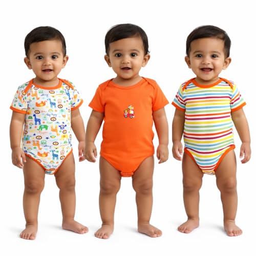 Image of VParents Rompers for New Born Baby Girl & Boy (Pack of 3), 100% Cotton Half Sleeve Romper /Bodysuit /Jumpsuit /Onesies /Sleepsuit For Infants & Toddlers, Comfortable Daily Wear Clothes For Babies