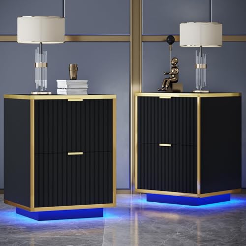 4ever2buy Black and Gold Nightstand Set of 2 Modern Bedside Table with LED Lights End Table for Bedroom Living Room