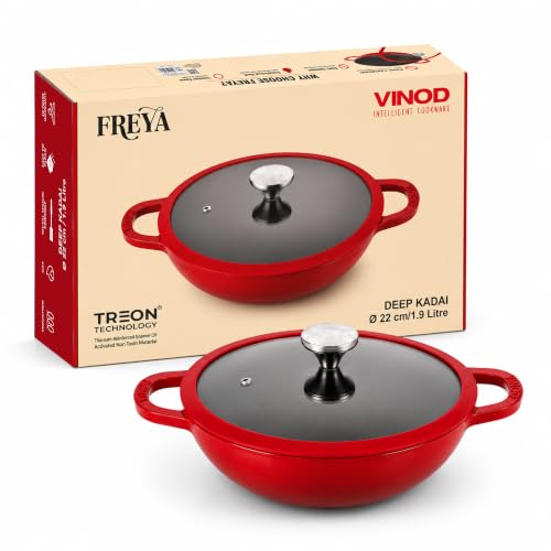Image of Vinod Freya Cast Iron Deep Kadai with Glass Lid, 22 cm 1.9 L | TREON Technology Enamel Kadhai for Frying, Sabzi, & Cooking | No Seasoning Required | Induction & Gas Stove Compatible | 100% Non-Toxic