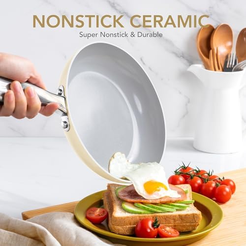 MICHELANGELO Non Stick Frying Pans - 10 Inch Frying Pan Nonstick with Lid, Nonstick Skillet with Lid, Non Toxic Frying Pan, Ceramic-Coated, Beige - Thumbnail 2