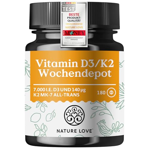 Nature Love Vitamin D3 K2 Wochendepot - 180 vegane Tabletten - 7000IE D3 + 140µg K2 pro Tablette mit >99,7% all-trans - Hochdosiert & vegan - Laborgeprüft, in Deutschland produziert 1