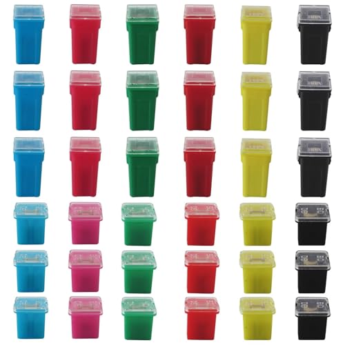 Kit de 36 fusibles automotrices Vicue: 18 perfil alto y 18 perfil bajo, calificaciones de 20 A, 30 A, 40 A, 50 A, 60 A y 80 A, empaque de caja miniatura 1