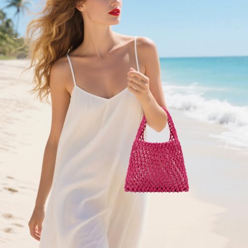 Image of Naimo Straw Beach Bag Woven Rattan Shoulder Bag Fishing Net Handbag Cotton Rope Tote Summer Crochet Hobo Bag