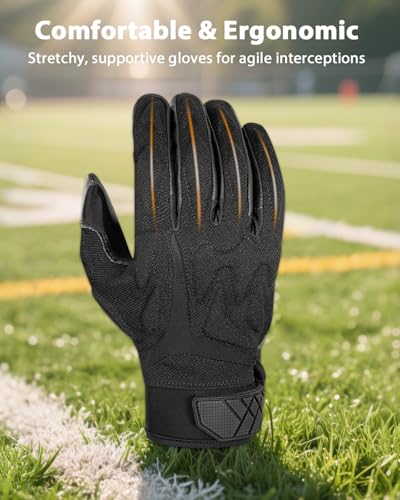 RIGWARL Lineman Football Gloves for Adults, Black Padded Football Gloves for Men, Offensive Defensive Lineman Glove with Super Sticky Grip(L)