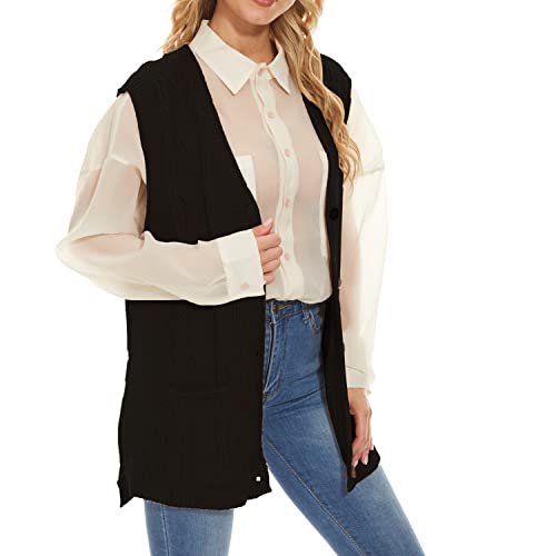 Hyipels Sweater Vest Women Cable Knit Sleeveless Button Down Oversized V Neck Long Sweaters Cardigan With Pockets #TOP2