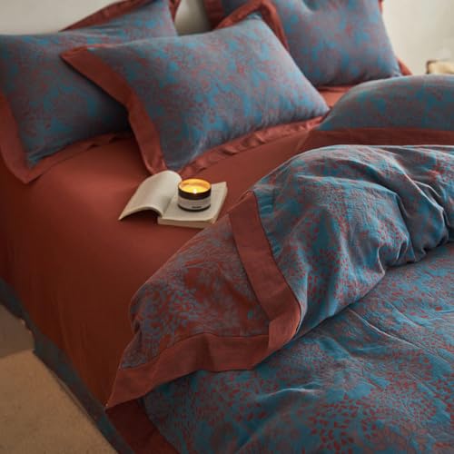 VM VOUGEMARKET Jacquard Duvet Cover Set King,Yarn-Dyed Cotton Blue Red Tree Leaves Duvet Cover Bordered,Reversible Farmhouse Style Bedding Set King
