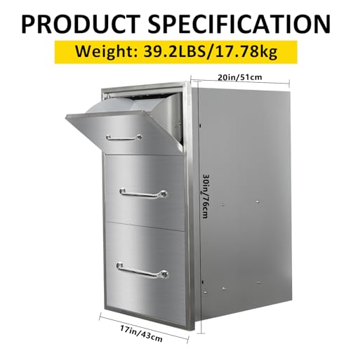 Image of Outdoor Kitchen Drawers with Paper Towel Holder 17 inch W x 30 inchH Flush Mount BBQ Drawers with Chrome Handle,Stainless Steel Built-in Triple Access Drawers for Outdoor Kitchen Island, Patio Grill Station