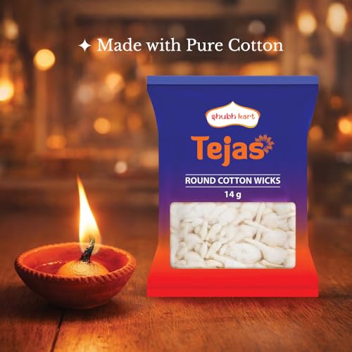 Image of Shubhkart Tejas Round Cotton Wicks Pack of 8 | 600 White Phool Batti | Handmade Diya Cotton Wicks for Puja Aarti Jyot | GOL Batti for Mandir, Temple & Festivals | Diwali Decoration Essentials