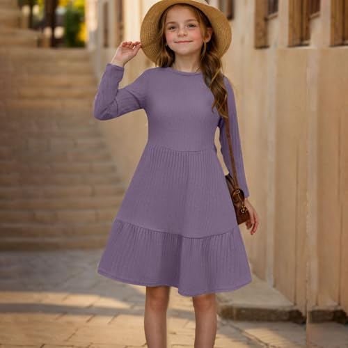 JOAU Girls Long Sleeve Dress with Pockets 2025 Ribbed Knit Casual Crew Neck Knee Length Sweater Dresses Tiered Ruffle Dress3