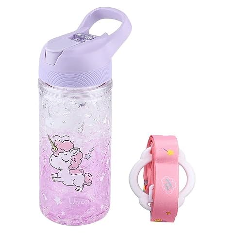 XinHuiGY Unicorn Water Bottles for Girls,Creative Double Wall Freezer Ice Cup Water Bottle with Straw and Safety Lock, Purple Outdoor Indoor Water Bottle,400ML for girl boys unicorn lover Cover
