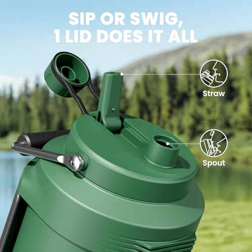 Image of 1 Gallon Insulated Water Bottle for Hiking: Meoky 128 oz Triple Wall Vacuum Stainless Steel Metal Water Jug - Top and Side Handles, Cold for 48 Hrs, 2-in-1 Straw and Spout Lid, Leakproof for Gym (Fir)