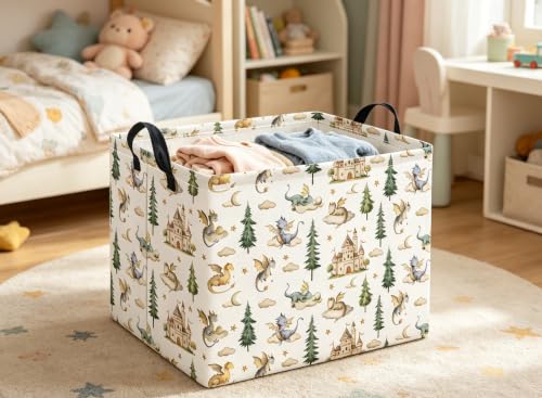 Image of Rectangular Baby Kids Storage Basket for Home Kitchen Girls Cute Toy Storage Bin Organizer Shelf Book Room Decor(Castle Dinosaur)