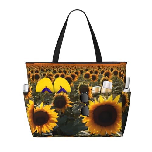 (Sunflowers Print) Large Beach Tote Bag for Women Waterproof Sandproof Travel Shoulder Bag with Pocket for Pool Vacation Weekend Gym