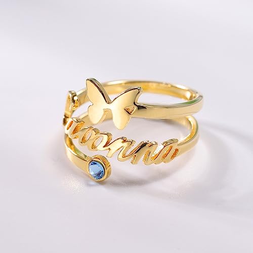 10K 14K 18K Solid Gold Butterfly Rings for Women Personalized, Custom Name Ring Bands with Birthstone Jewelry Gift for Engagement Mother's Day Christmas Birthday Size 4-122