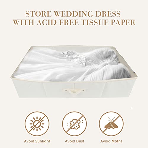 LAARIA Wedding Dress Preservation Storage Box: Bridal Gown Storage Bin with 30Pcs Acid Free Tissue Paper - Beige Preservation Box Underbed Storage Container