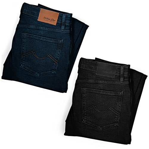 Image of Urban Star Mens Stretch Jeans - Relaxed Fit Straight Leg Superflex Denim | Up to Size 46 inch Waist - 4 Colors: Dark Blue, Medium Blue, Black, Grey