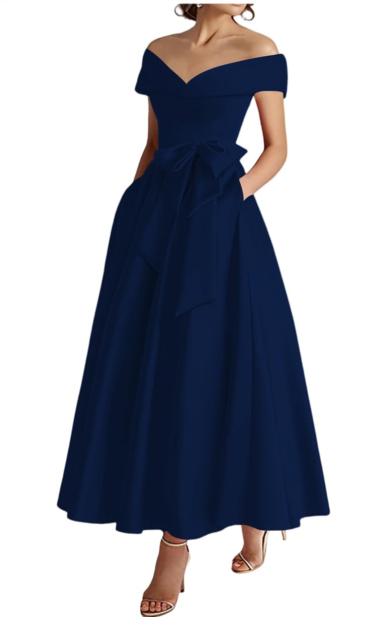 Wseyu Women's Navy Blue Off Shoulder Mother Of The Bride Dresses With Bow Formal Evening Prom Gowns Tea Length Zm289 Uk14