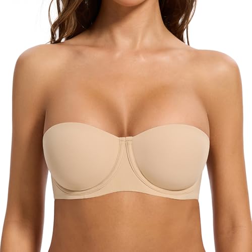 Women's Strapless Bra-Lightly Lined Non Slip Invisible Balconette Underwire Support Multiway Bandeau Bra for Comfort Lift