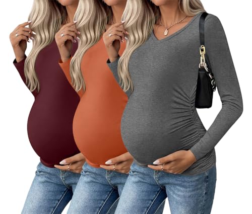 Ekouaer Womens Maternity Shirts Long Sleeve 3 Packs Pregnancy V-Neck Clothes Side Ruched Blouse Tops for Mama Maroon/Caramel/Dark Grey S