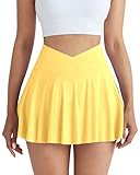CHRLEISURE Women Tennis Golf Skirt with Pockets - High Waisted Crossover Golf Pleated Athletic Workout Dress Running Skort(AMZ70,Yellow,M)