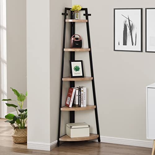 O&K Furniture 5 Shelf Industrial Corner Bookcase And Shelf, A-Shaped Display Corner Storage Rack Bookshelf-70-Inch, Oak Finish #TOP1