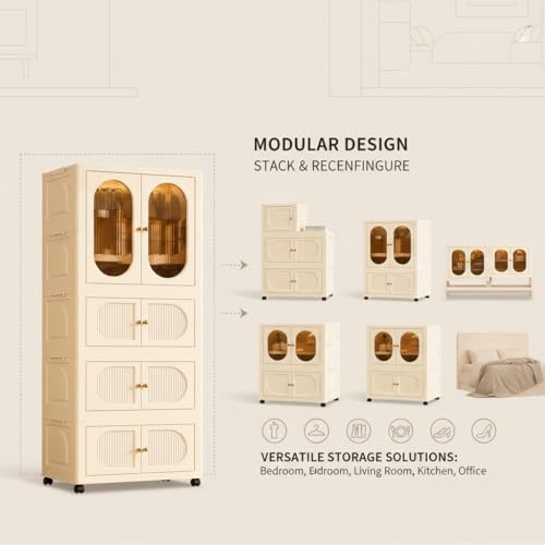 Image of EXVITO Modular Plastic Wardrobe for Bedroom | 1 Tier+3 Bins Foldable Cupboard with Hanging Rod | Stackable Storage Almirah for Clothes with Wheels | Multi-Layer Plastic Storage Cabinet- (Off-White)
