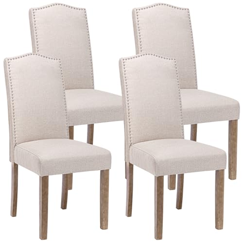 SNUGWAY Upholstered Dining Chair Modern Stylish Parsons Kitchen Diner High Back with Silver Nailhead Trim & Wood Legs, Set of 4, Fabric Beige
