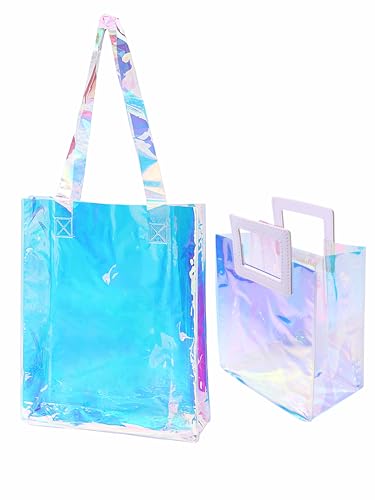 Woeoe Holographic Iridescent Tote Bag Clear Travel Beach Bags Waterproof Beach Bag Shoulder Handbag for Pool Travel