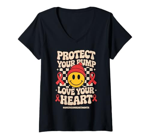Mujer Protect Your Pump Love Your Heart Disease Month Awareness Camiseta Cuello V