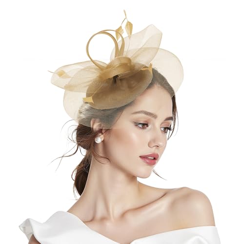 Zando Gold Fascinators for Women Gold Fascinator for Weddings 2-in-1 Headband Hat with Clip Elegant Hair Accessories for Mother of the Bride & Guest Outfits Royal Ascot Ladies Day & Tea Party