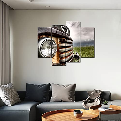 4 Panel Wall Art Old Vintage Truck On The Prairie Painting Pictures Print On Canvas Car The Picture For Home Modern Decoration Piece (Stretched By Wooden Frame,Ready To Hang) #TOP4