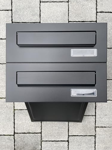 ALSTEN TECH 2er Zweifach Mauerdurchwurf Briefkasten für Mehrfamilienhaus oder Büro - Briefkastenanlage zum Einmauern - 2 Familienhaus 2fach mit Namensschild Schwarz Matt RAL 9017 Einbaubriefkasten