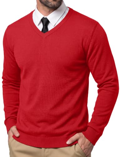 CRYSULLY Mens V Neck Sweater Knitted Pullover Slim Fit Lightweight Casual Vintage Dress Sweater Fall Winter Clothing Tomato Red L