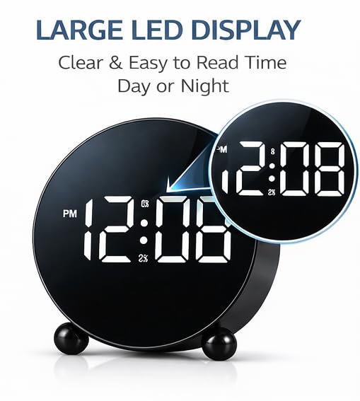 Image of Zollyss Digital Alarm Clock for Study Table | Black | Round LED Display with Double Bell | Digital Alarm Clock with 3 Brightness Levels | for Bedroom or Office