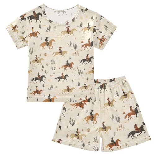 ALAZA Horse Riding Tree Leaf Pajamas Set Short Sleeve Cotton Sleepwear Summer Pjs 2 Piece 5-14Y