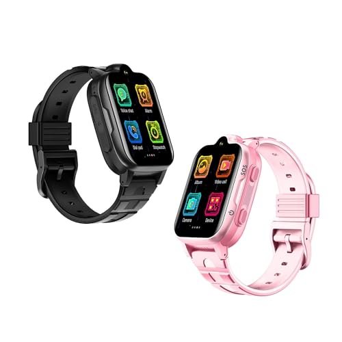 MJVV Two 4G GPS Smart Watches for Kids GPS Tracker Phone Watch Whatsapp Video Call SOS Alarm Voice Chat Message and Text Real-Time Tracking Smartwatch for Age 3-15 Gift Pink&Black