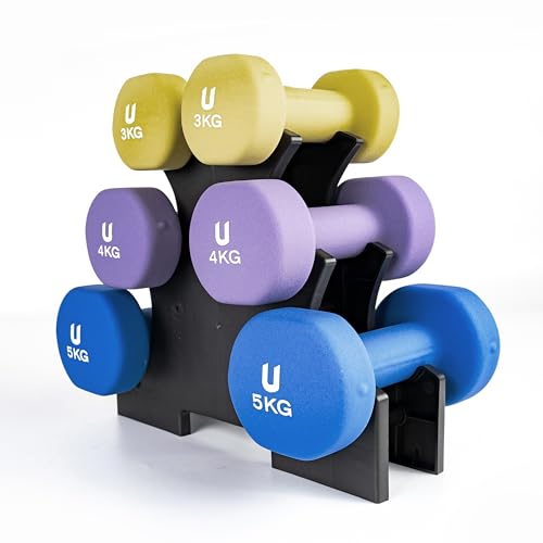unycos - Par de Mancuernas Antideslizantes de Neopreno, Pesas【3, 4 y 5 kg】Ergonómicas con Diseño Redondo y Anti-Rodadura, Resistentes para Entrenamiento de Fuerza y Gimnasio en Casa (Multicolor)