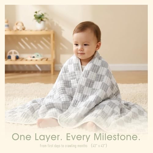Image of 6-Layer Muslin Baby Blanket Made with Organic Cotton - Classic Neutral Checkered, Swaddle & Crib Quilt, 43 inchx43 inch,Grey Checkered