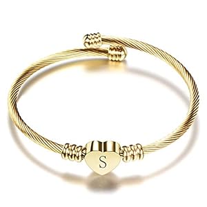 LSxAB Initial A-Z Letter Gold Cuff Bracelet Heart Personalized Name Expandable Bangle Bracelets for Women Girls Birthday Gift