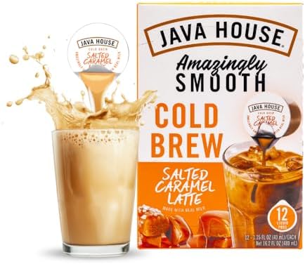 JAVA HOUSE Salted Caramel Latte Cold Brew Coffee Capsules, 1.35 Fluid Ounces (12 Count) Peel and Pour, TSA Approved, Travel Friendly Cold Brew, Hot or Iced