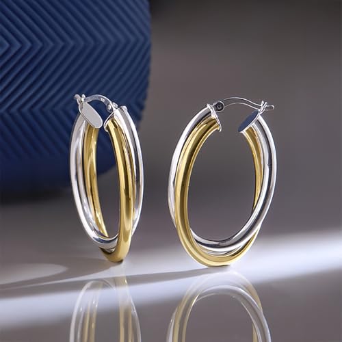 Image of TRUESILVER ACPL 925 Sterling Silver Hoop Earrings for Women | BIS Hallmarked Two-Tone & Three-Tone Intertwined Hoop Earrings | Oval & Round Lightweight Jewelry