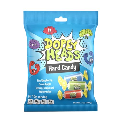 Dopey Heads | HALAL | Assorted Hard Candy | Five Flavours | Blue Raspberry | Apple | Cherry | Grape | Watermelon | Pack of 1 | Weight 198g (7 oz) Each (Assorted Hard Candy)