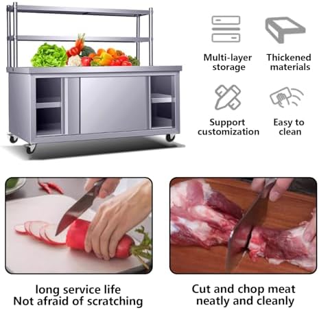 Heavy Duty Stainless Steel Work Table Cabinet with 2 Sliding Doors, Commercial Kitchen Prep Table for Restaurant & Home, Large Storage & Chopping Surface, Durable Metal Design
