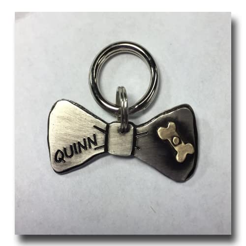 Bowtie Bow Tie Dog Tag-Pet ID Tag With Tiny Brass Bone-Handcrafted Nickel Silver Brass-Custom Pet Tag-Custom Dog Tag-Formal Wear Pet Tag