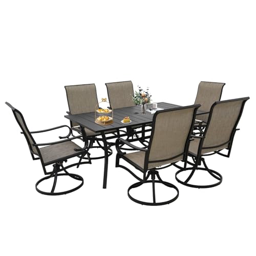 7 Piece Dining Patio Table Set with Swivel Rocker Chairs High Back, 6 People Rectangle Table w/Umbrella Hole 1.57″ Front Porch Pool Deck Backyard Lawn Outdoor Furniture Set