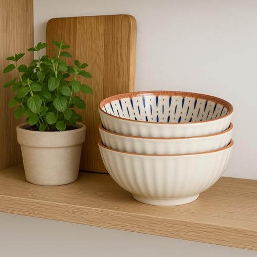 Image of YELONA Japanese Ceramic Dinnerware Set of 4 - (2 Bowls + 2 Plates) | Droplet Design | 300ml Bowls (11.5cm), 8-Inch Plates (20.5cm) | Microwave & Dishwasher Safe | Elegant Blue & Orange Glazed Finish